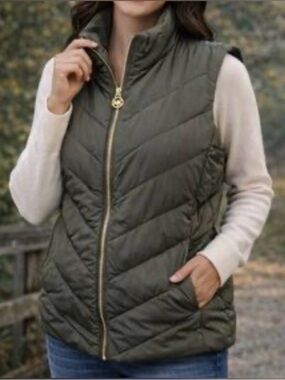 MICHAEL Michael Kors Olive Green Quilted Puffer Vest with Gold Zip